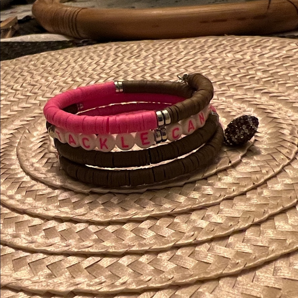 Hand Crafted Pink & Brown Tackle Cancer Bracelet.